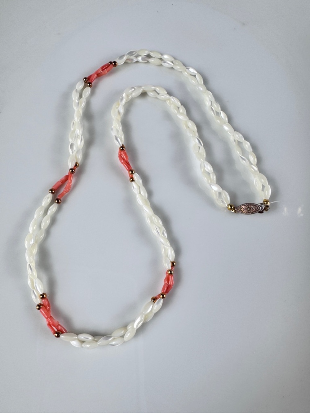 Vintage Mother Of Pearl White and Coral Beaded Necklace with Gold Accents